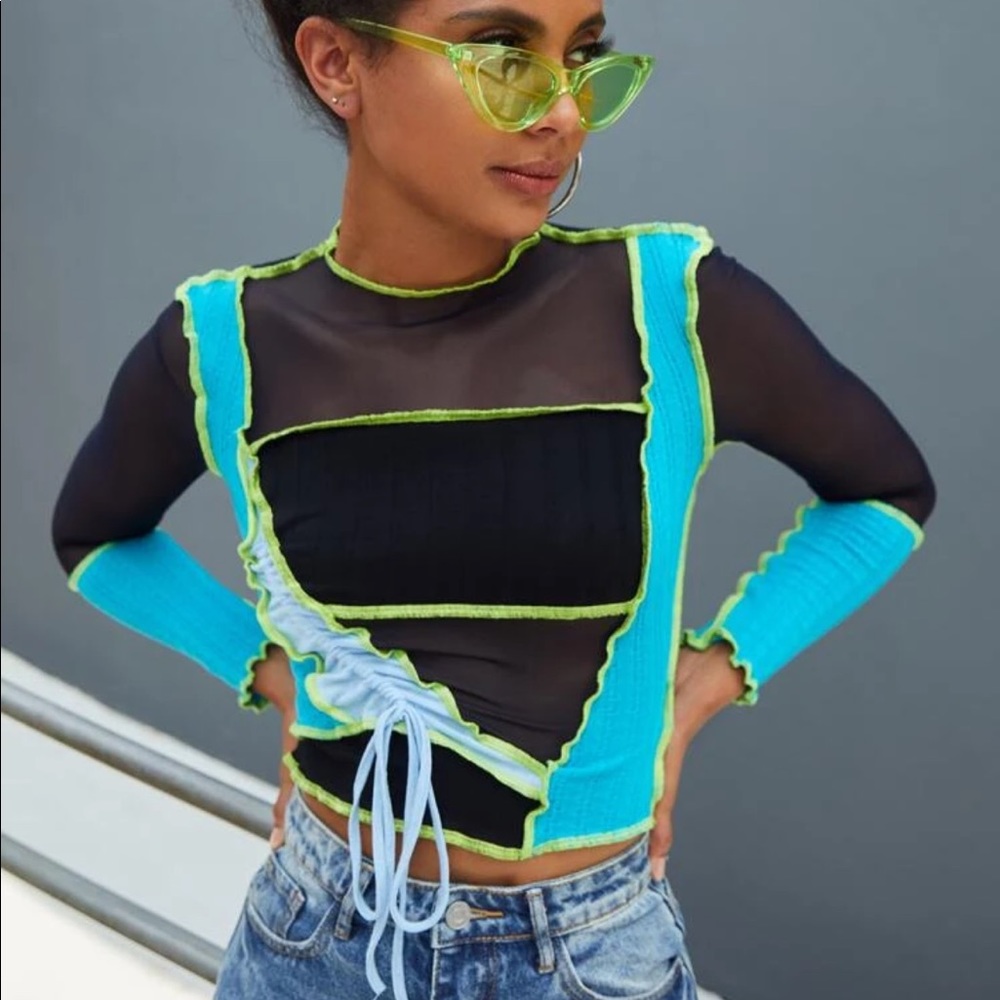 contrast mesh drawstring long sleeve